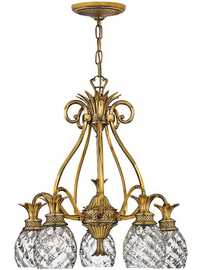 Pineapple 5 Light Chandelier With Optic Glass Shades in Burnished Brass.